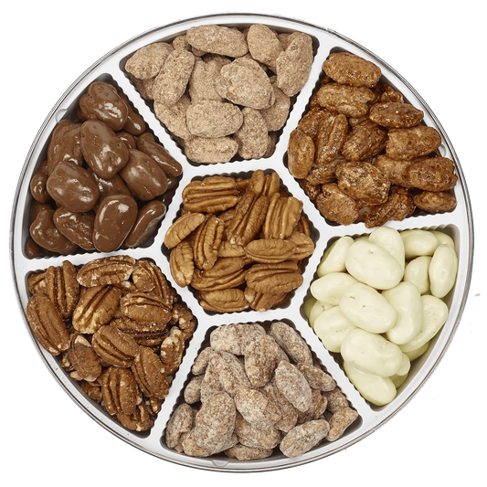 Spectacular Seven Tin - Chocolate Amaretto Pecans, White Chocolate Pecans, Praline Pecans, Honey Toasted Pecans, Cinnamon Spiced Pecans, Roasted Salted Pecans and Fancy Mammoth Pecan Halves. 