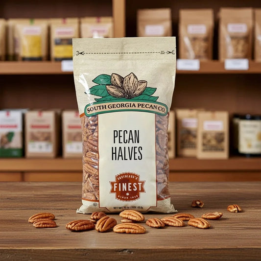 Pecan halves in a 1lb bag from South Georgia Pecan Co., displayed on a wooden table.